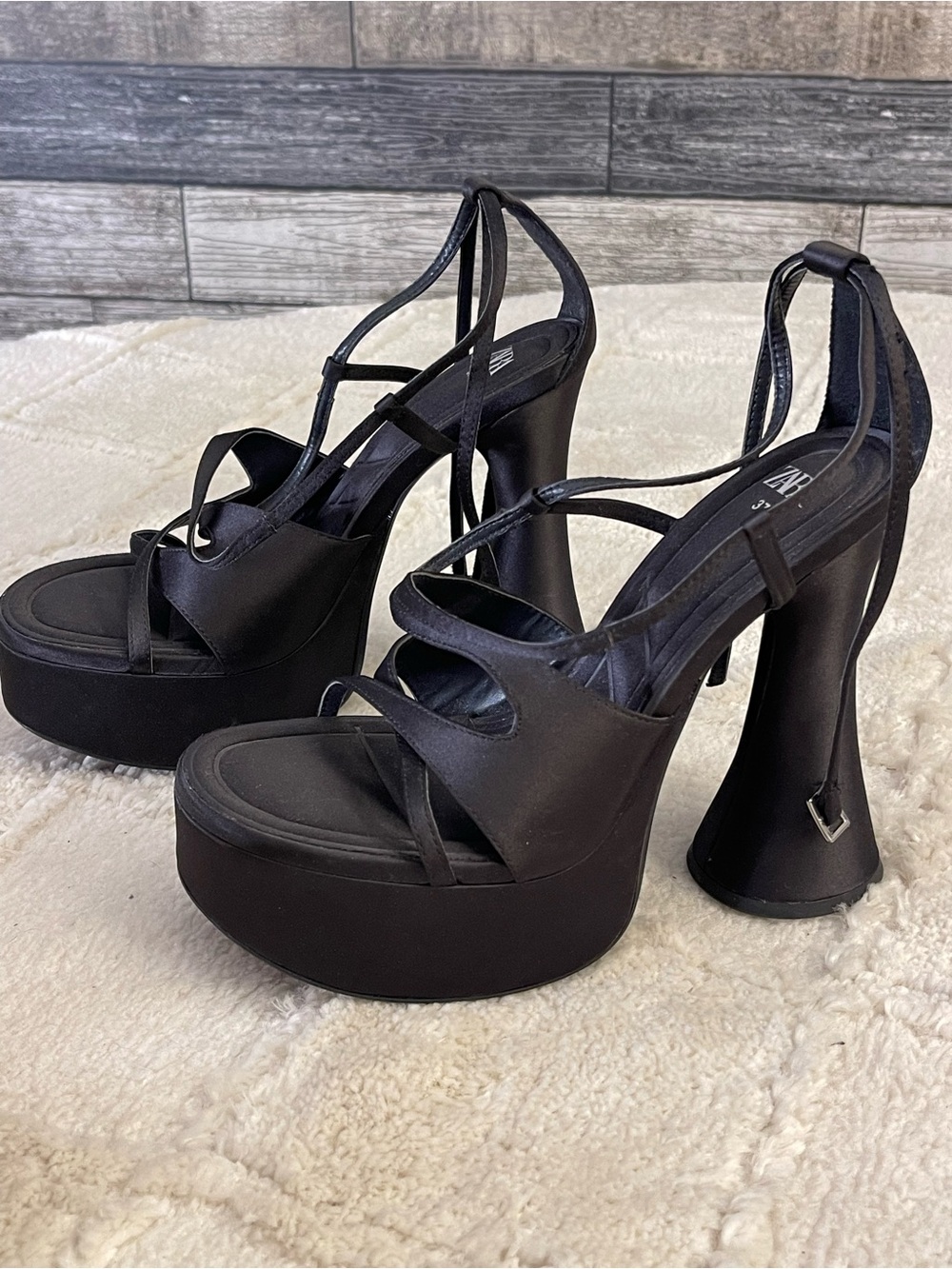 Zara Black Satin Lace-Up Platform Sandals